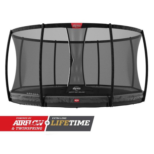 Berg Elite Trampoline Creusé Niveaux Gris + Filet de Protection Filet de Sécurité Deluxe 430 Poids maximum personne 120 kg