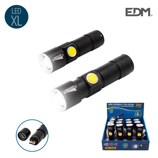 Mini lanterna com zoom 1 led 120 lumens recarregável com bateria de lítio usb incluída alcance 60 mts