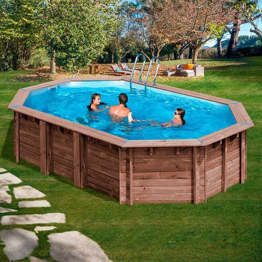 Piscina de madera Gre Sunbay Macadamia ovalada 632 x335 x130cm+depuradora+escalera madera inox+manta KPBOC632