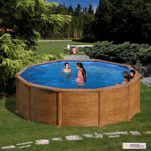 Piscina pared acero GRE Mauritius Redonda acabado MADERA  Ø 460 x 132  alto cm + depuradora de arena + liner + skimmer + escalera + tapiz de suelo KITPR458WO