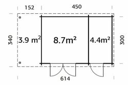 Cabaña de madera Palmako ella 13.1+3.9 m2 477 x 340 cm fr28-6132-1 108222