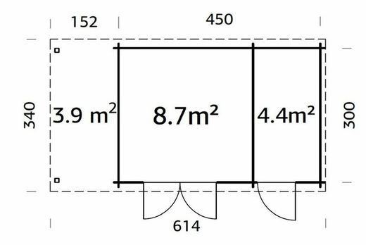 Cabaña de madera Palmako ella 13.1+3.9 m2 477 x 340 cm fr28-6132-1 108222