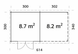 Cabaña de madera Palmako ella 8.7 + 8.2 m2 610 x 320 cm frb28-5930-1 101611