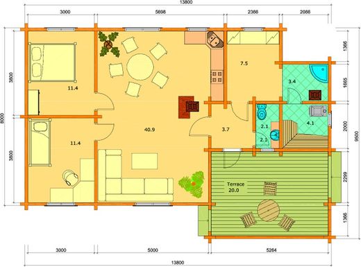 Casa de madera prefabricada britta Palmako 104.5 m2 madera laminada 134 mm