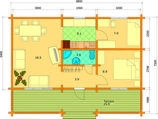 Casa de madera prefabricada elly Palmako 61.9 m2 madera laminada 88 mm