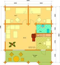 Maison préfabriquée en bois Ingrid Palmako 69,90 m2 bois massif 70 mm