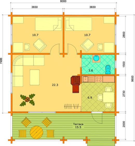 Maison préfabriquée en bois Ingrid Palmako 69,90 m2 bois massif 70 mm