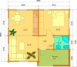 Casa de madera prefabricada paula Palmako 47.4 m2 madera maciza 70 mm