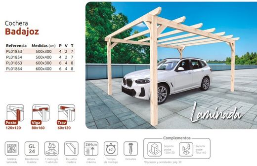 Cochera de Madera Laminada BADAJOZ GL24h + tornilleria INCLUIDA