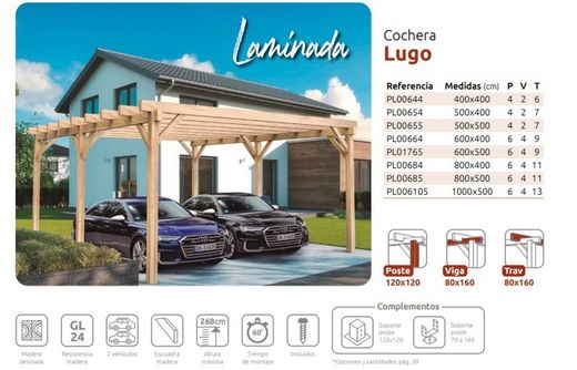 Cochera de Madera Laminada LUGO GL24h + tornilleria INCLUIDA