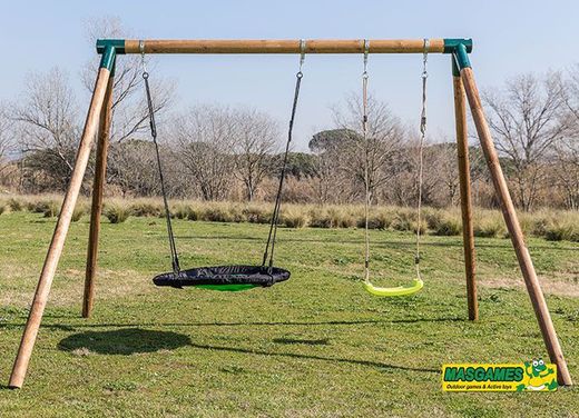Columpio MADERA REDONDA MASGAMES DOBLE PLUS + asiento Nido + asiento de madera MA700016