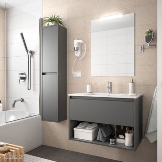 Meuble de salle de bain Noja 800 1 tiroir et 1 trou GRIS MAT + Vasque + Miroir + Applique