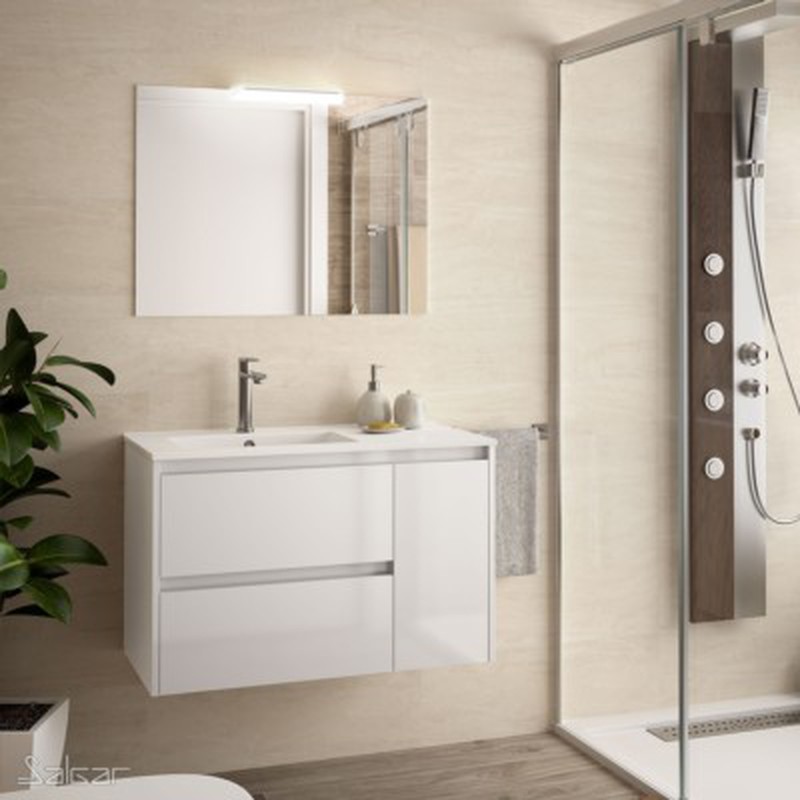 Conjunto mueble de baño NOJA 855 BLANCO BRILLO+ Lavabo + Espejo + Aplique