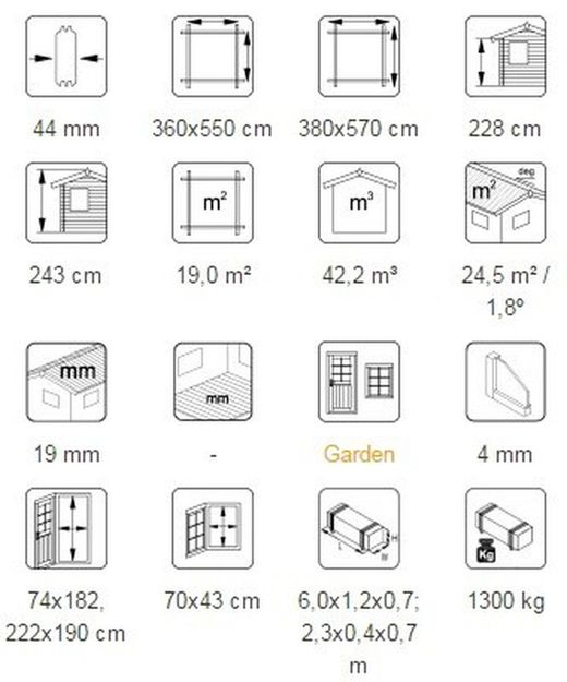 Garage en bois Palmako Rasmus 19,0 m2 380 x 570 cm FR44-3857-5 102419 avec porte sectionnelle