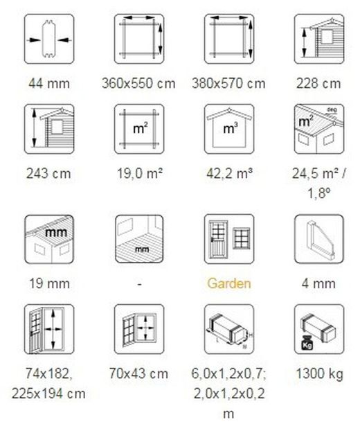 Palmako rasmus garagem de madeira 19,0 m2 380 x 570 cm fr44-3857-6 102415