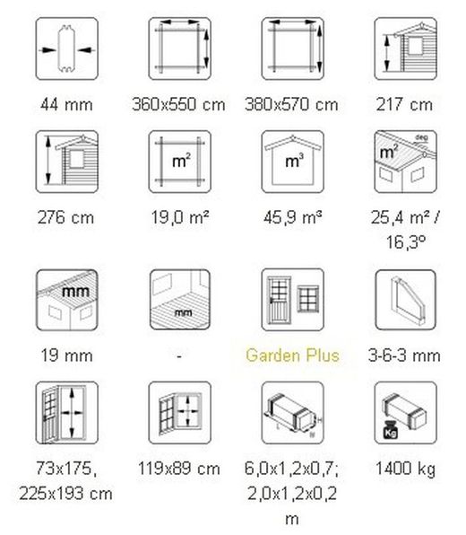 Palmako roger garagem de madeira 19,0 m2 380 x 570 cm fr44-3857 102347