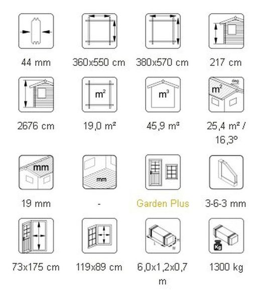 Palmako roger garagem de madeira 19,0 m2 380 x 570 cm fre44-3857-8 101899 sem porta
