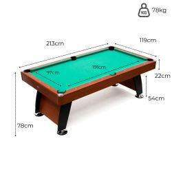 Mesa de Billar Semi Profesional Alejandría medidas producto 213 x 119 x 78 campo d juego 191 x 97 PL0322