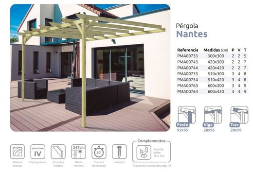 Pergola Adosada de madera Maciza NANTES con tratamiento Autoclave A4 + tornilleria