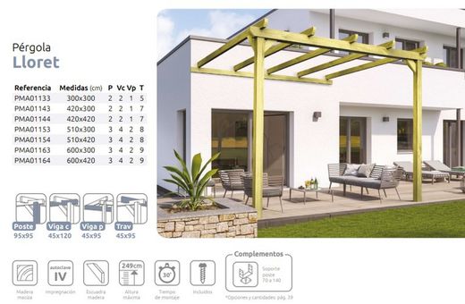 Pergola Adosada de madera Maciza LLORET con tratamiento Autoclave A4 + tornilleria INCLUIDA