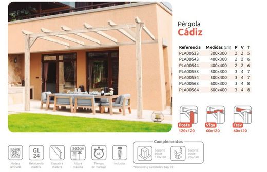 Pergola anexado madeira laminada CADIZ GL24H + parafusos INCLUÍDOS