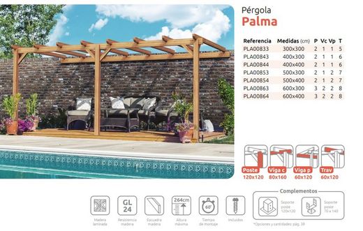 Pergola anexada madeira laminada PALMA GL24H + parafusos INCLUÍDOS