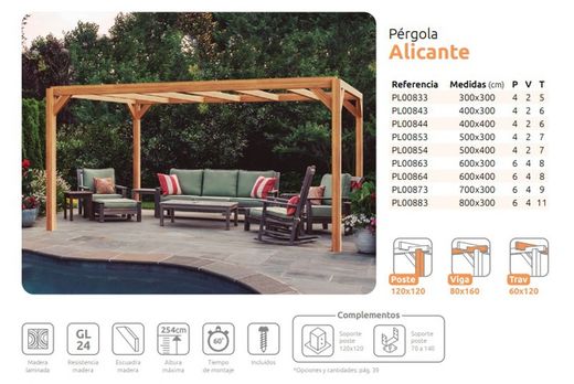 Pergola de madera Laminada ALICANTE GL24h + tornilleria INCLUIDA