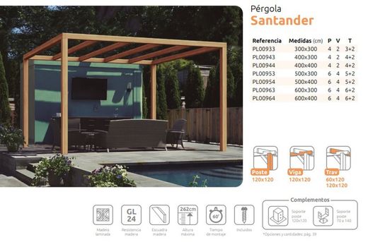 Pergola de madera Laminada SANTANDER GL24h + Tornilleria INCLUIDA