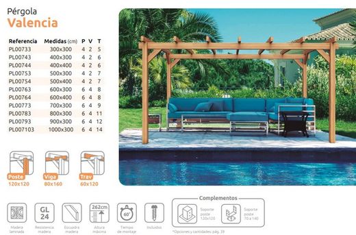 Pergola de madera Laminada VALENCIA GL24h + tornilleria INCLUIDA