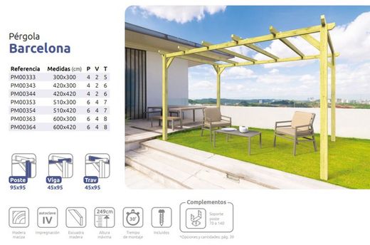 Pérgula em madeira maciça BARCELONA com tratamento Autoclave A4 + Parafusos INCLUÍDOS