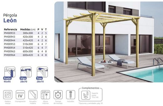 Pergola de madera Maciza LEON con tratamiento Autoclave A4 + tornilleria INCLUIDA