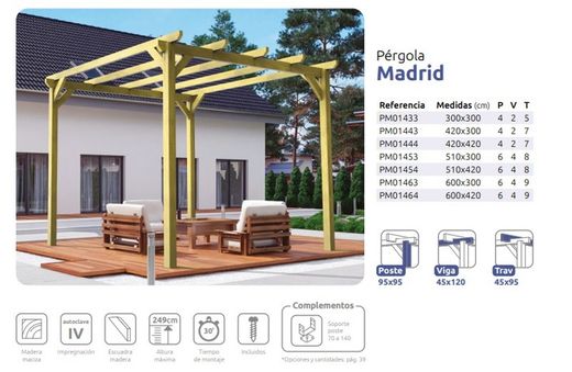 Pérgula de madeira maciça MADRID com tratamento de Autoclave A4 + Parafusos INCLUÍDOS