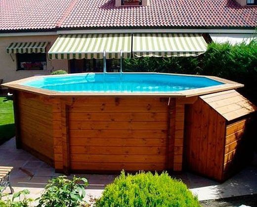 Piscina Kokido Hexagonal Madera Maciza + Depuradora arena 5678 l/h + escalera madera 4.40 x 1.30 m PM001SF